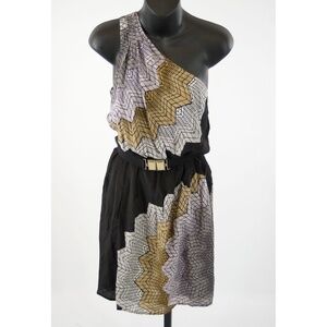 BCBGMaxAzria Black Silk 1 Shoulder Belted Dress XS